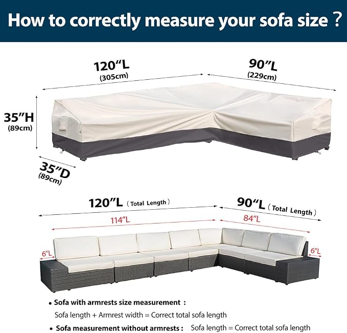 Outdoor Sectional Cover Patio Furniture Covers Waterproof Rip-Stop Anti-UV 600D Heavy Duty Couch Sofa Cover with 3 Air Vent (Beige & Charcoal, L-shaped 120"x90")