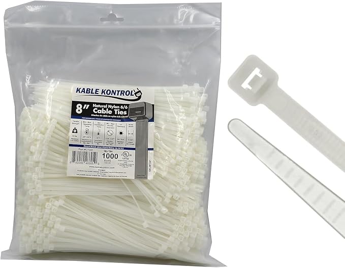 Kable Kontrol Cable Zip Ties Natural White 1000 Pcs 8 Inch, 40 Lbs Tensile Strength, Self-locking Natural Nylon Clear Plastic Wire Ties wraps for Indoor or Outdoor Use