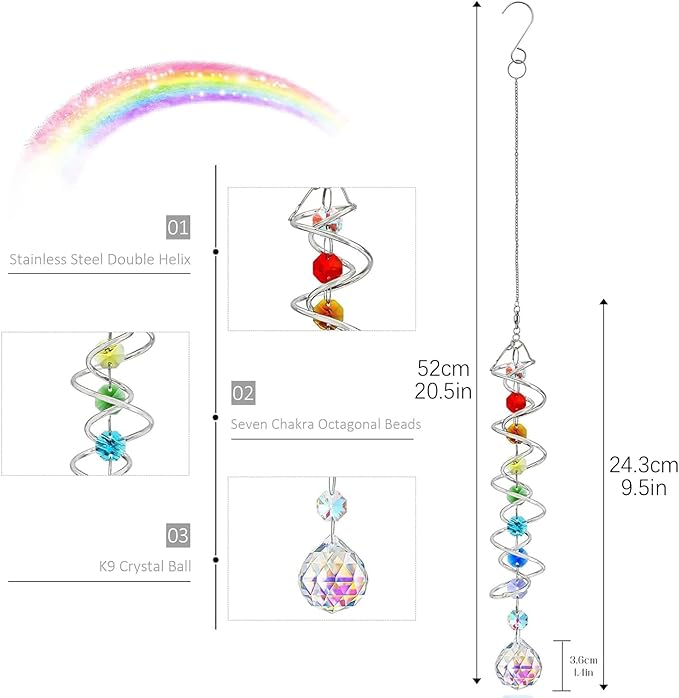 20.5in Crystal Sun Catcher with Chakra Beads Wind Spinner Decor | Crystal Sun Catcher Hanging with Seven Chakra Beads and Spiral Tail Wind Spinner for Window Indoor Garden Christmas Decor