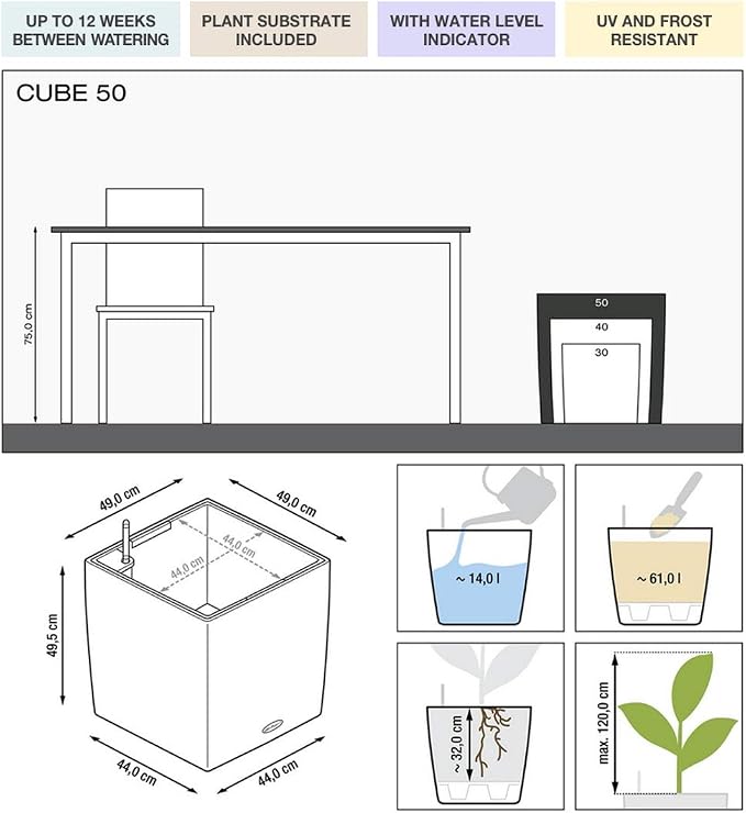 Lechuza Cube 50 Premium Black High Gloss, Self-Watering Square Planter, H19.3 L19.3 W19.3 in