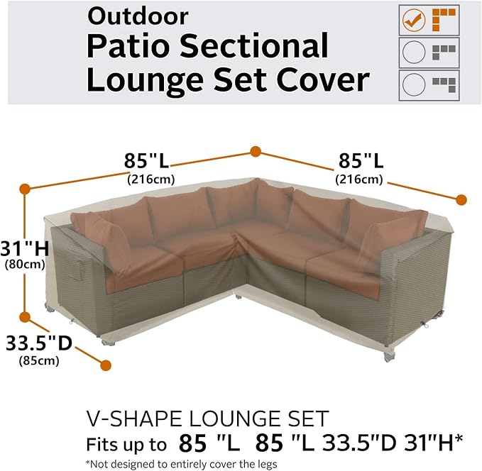 Outdoor Sectional Cover, Heavy Duty Patio Furniture Cover, 85"X85" 5-Seater Waterproof 600D Patio Sectional Covers, 7 FT V-Shaped L-Shape Lawn Outdoor Furniture Covers, Natural Beige