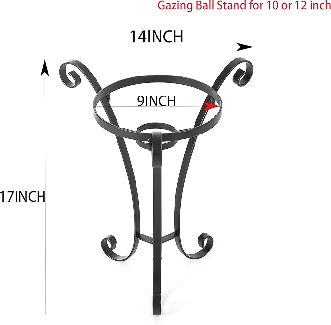Metal Gazing Globe Stand for 10 or 12 Inch Balls - 17" H Black Outdoor Holder With 3 Stakes for Garden