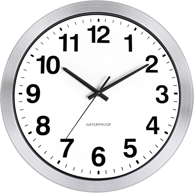 Caysie 16 Inch Sealed Indoor Outdoor Clocks Waterproof, Silent Battery Operated Quartz Metal Wall Clock for Patio Pool Bathroom Home (Silver)