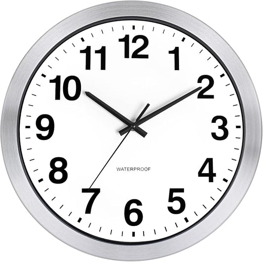 Caysie 16 Inch Sealed Indoor Outdoor Clocks Waterproof, Silent Battery Operated Quartz Metal Wall Clock for Patio Pool Bathroom Home (Silver)