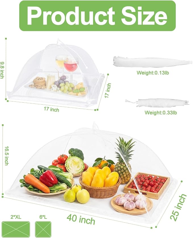 Food Covers for Outside - 2 Extra Large (40 x 25 in) & 6 Large (17 x 17 in) Pop-Up Umbrella Screen Tents- Breathable Outdoor Mesh Food Covers & Picnic Essentials - Collapsible Mesh Food Tent
