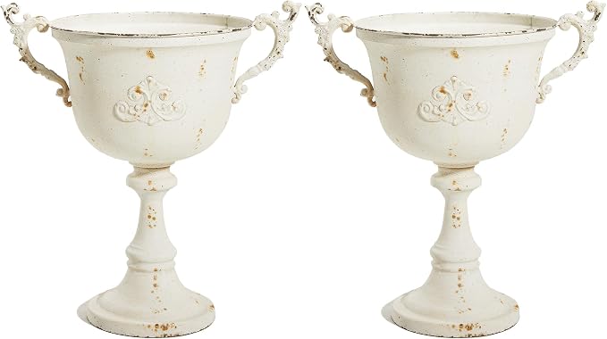 Worth Garden 21" H. Metal Urn Planters 2-Pack - White Classic Antique Iron Plant Pots - Decorative Rustic Flower Pots for Outdoor Use - Traditional Urn Planter for Garden, Patio, Front Porch