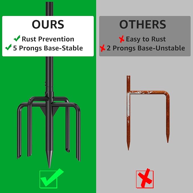 GOFORWILD Double Shepherds Hook for Outdoor, with 5-Prong Base, 76inch Adjustable Metal Bird Feeder Pole for Hanging Bird Nest, Plant Basket,Lantern,Solar Light 1 Pack