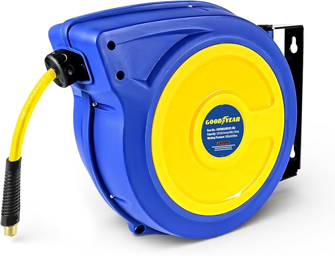 Goodyear Retractable Air Hose Reel with Safety-Speed Control, 3/8" x 50 FT, 300 PSI Hybrid Polymer Hose, Automatic Rewind, Stop-Anywhere Lock, Slow Retraction, Leak-Proof Swivel