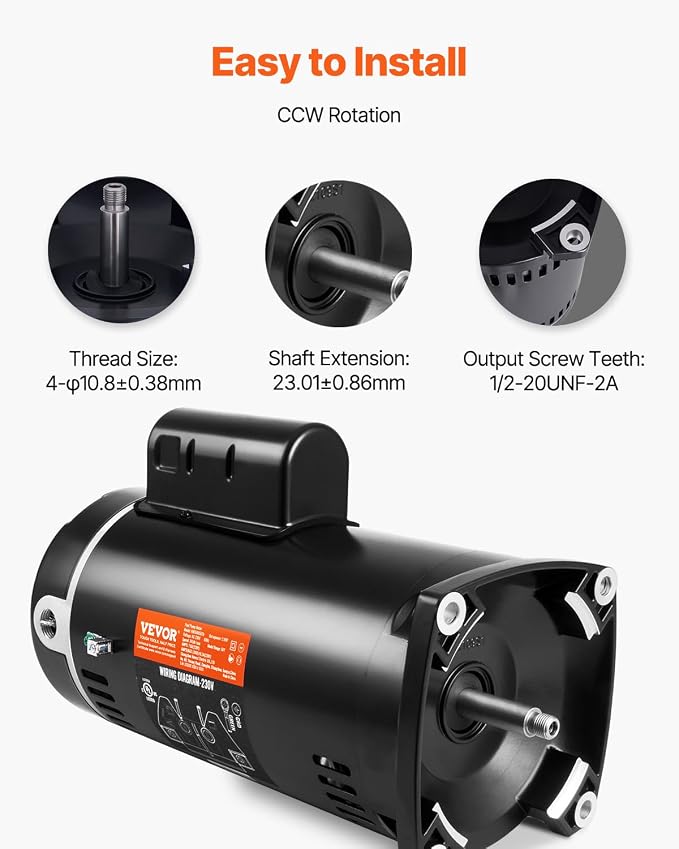 VEVOR 1 HP Pool Pump Motor, 3450 RPM High Speed, 115V (9.0 Amps) / 230V (4.5 Amps), 90μF/250V Capacitor, 1.25 SF, CCW Rotation, 56Y Square Flange Replacement Motor for Swimming Pools, Spa Centers