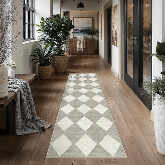 Grey 2x8 Washable Runner Rug Kitchen Non Slip Checkered Carpet | Soft, Low Pile, Easy Clean, Diamond Pattern for Hallway, Entryway, Laundry Room, Bathroom, Modern Indoor Decor