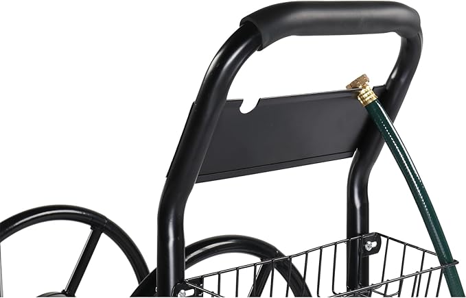 VINGLI 300FT 5/8in Garden Hose Reel Cart, 4-Wheel Portable Residential Hose Reel Cart, Hose Guide System with Storage Basket, Rust Resistant, for Family Yard, Garden and Farm (Black)