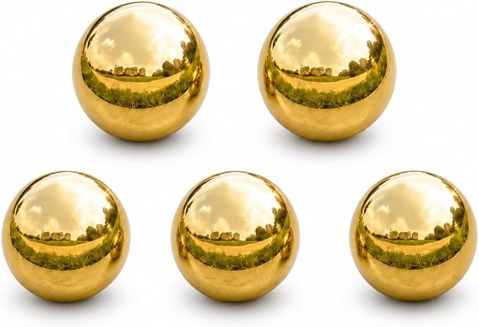 Gazing Ball Garden Mirror Outdoor - Outside Decorative Globe, Gold, 5Pcs | Metal Polished Reflective Sphere, Stainless Steel Hollow Decoration Ornament for Home Pond Swimming Pool Housewarming Gift