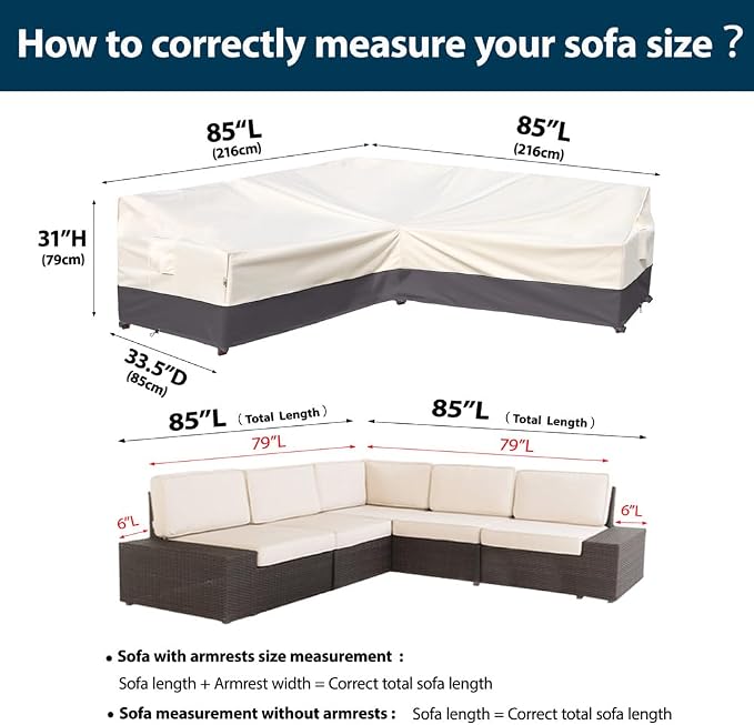 Outdoor Sectional Cover Patio Furniture Covers Waterproof Rip-Stop Anti-UV 600D Heavy Duty Couch Sofa Cover with 3 Air Vent (Beige & Charcoal, V-Shaped-85''X85'')