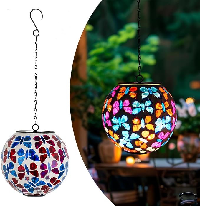 Solar Hanging Lanterns Red Blue Glass Mosaic Gazing Ball Globe Hanging Lantern Lights Outdoor Waterproof for Patio Garden Yard Home Decor (Colorful Butterfly)