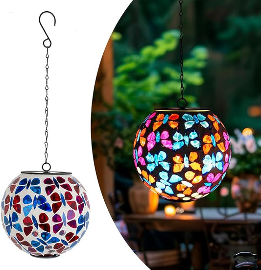 Solar Hanging Lanterns Red Blue Glass Mosaic Gazing Ball Globe Hanging Lantern Lights Outdoor Waterproof for Patio Garden Yard Home Decor (Colorful Butterfly)