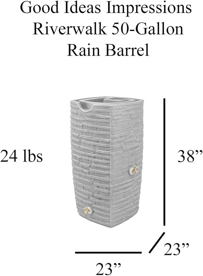 Good Ideas Impressions Riverwalk 50 Gallon Faux Slate Surface Dual Spigot Rain Barrel with 2 Brass Spigots and Screen, Light Granite (3 Pack)