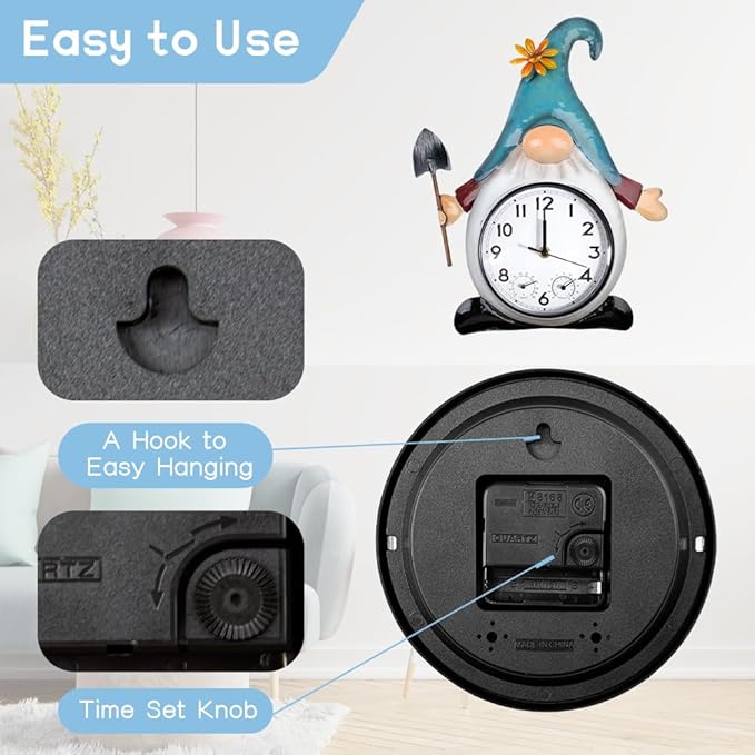 14.5'' Gnome Outdoor Clock with Thermometer & Humidity | Silent No-Ticking, Quartz Clock Waterproof, Decor for Patio, Living Room, Kitchen