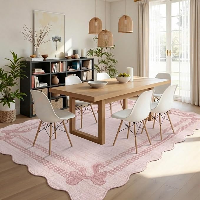 Latte&Fog Girls Bedroom 5x7 Pink Rug, Scalloped Bow Area Rugs Living Room | Non Slip Low Pile Soft Floral Cute Carpet for Dining Kitchen Kids Playroom Nursery Guest Room Classroom Dorm Farmhouse Office