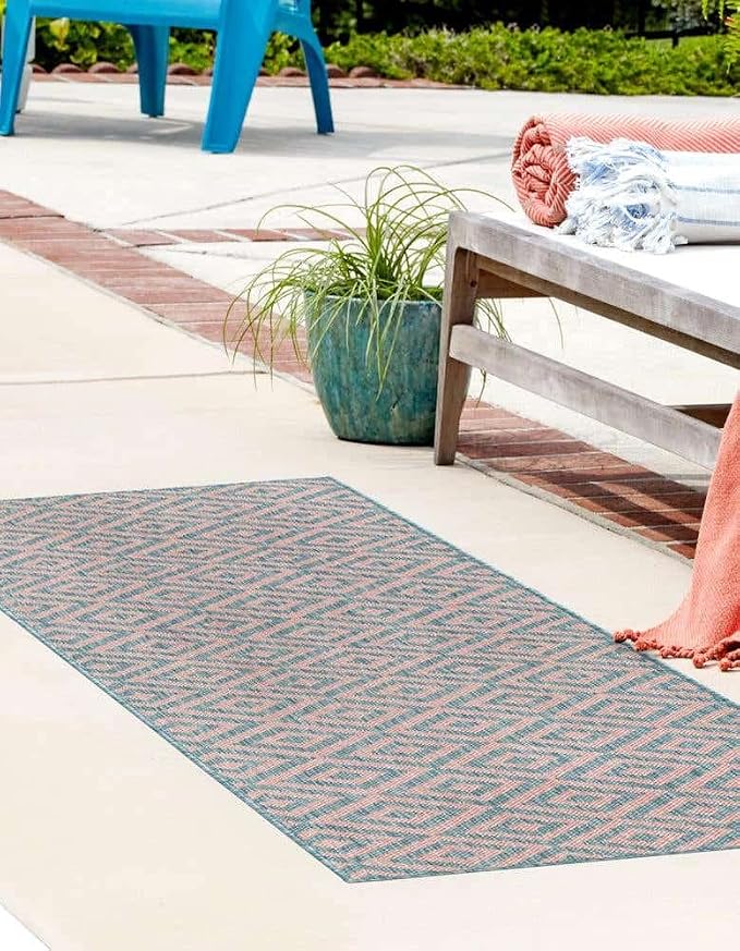 Unique Loom Jill Zarin Jill Zarin Outdoor Collection Area Rug - Costa Rica (2' x 6' 1" Runner, Pink and Aqua/Light Blue)