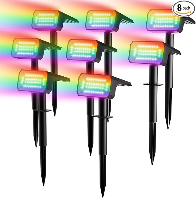 Fabrito Color Changing Solar Spot Lights Outdoor 8 Pack, [6+1 Lighting Modes] Auto On/Off RGB Spotlights, Waterproof Multicolor Landscape Lights for Garden, Tree, Halloween, Christmas