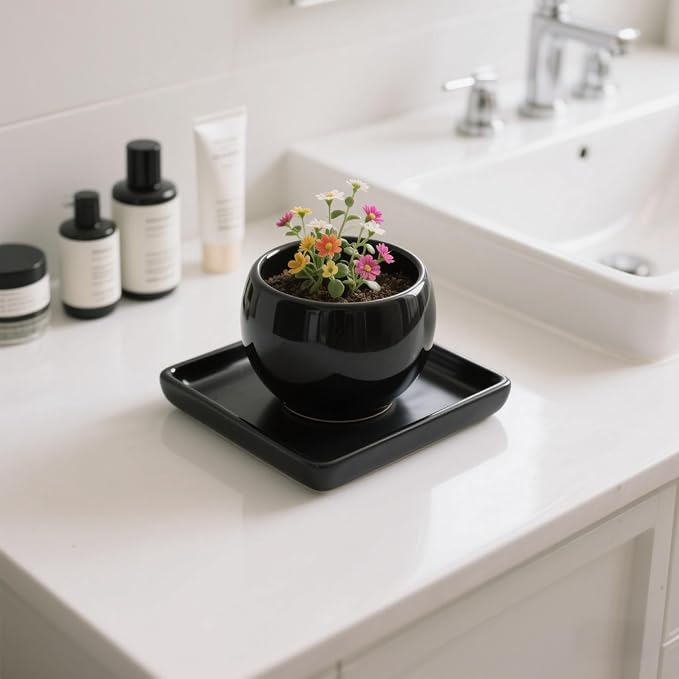 Square Ceramic Plant Saucer Tray 2 Pcs 5 6 Inch Black, 6.6" OD x5.5 ID x1.1 Deep, Sturdy Heavy Duty Glazed Planter Drip Flower pots with Catch Basin for Indoor Outdoor Plants(6" Black)