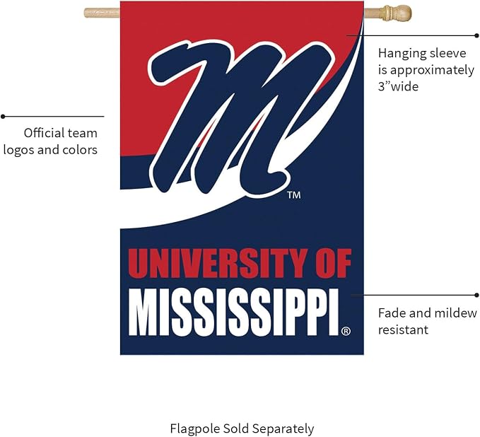 NCAA University of Mississippi House Flag, 28 x 44, Double Sided Garden Flags for Outside, Outdoor College Flags & Banners for Gardens Patio, Indoor Wall Decor Flag for Room