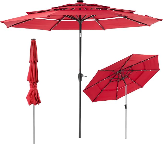 NEWBULIG 10ft Solar Patio Umbrella with 32 LED Lights, Table Market Umbrella with Tilt Adjustment & Crank Lift, Outdoor Sun Umbrella for Garden, Deck, Backyard, Pool and Beach