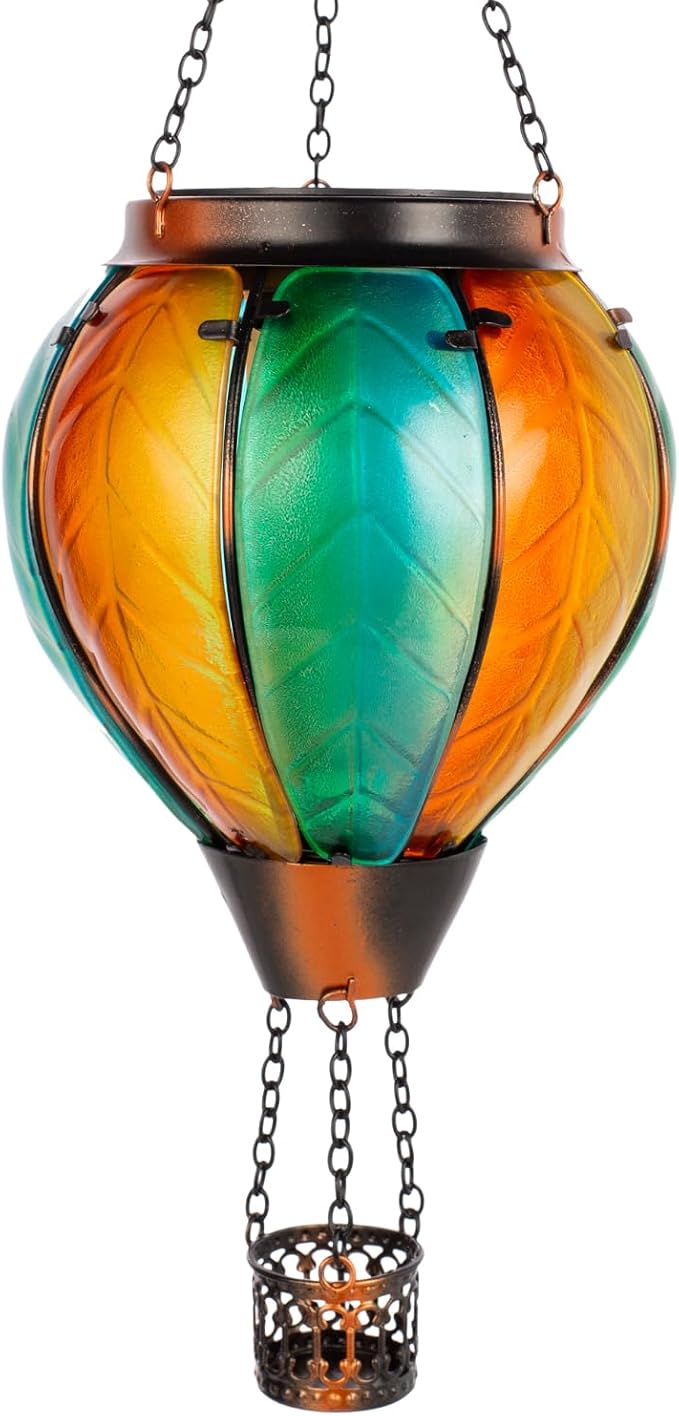 Hanging Solar Hot Air Balloon Lantern with Flame, Glass Hot Air Balloon Solar Lantern Outdoor Waterproof, Solar Powered Hot Air Balloon Lantern Decorative for Outside Garden Yard (Orange)