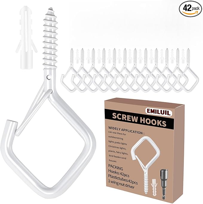 42 PCS Metal White Eye Screw Hooks for Hanging Heavy Duty.Windproof Ceiling Hooks for Hanging Plants,Cup,Wind Chime,Bird Feeders,Christmas String Lights at Indoor&Outdoor 2.2 Inch