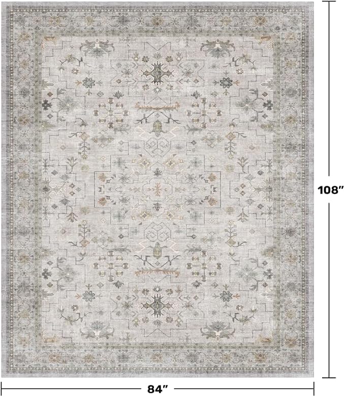 Vintage Boho Living Room Rug 7x9 - Soft Light Gray & Sage Area Rugs for Dining Under Table, Washable Low Pile Non-Slip Large Bedroom Carpet, Modern Eclectic Geometric Neutral Floral Decor