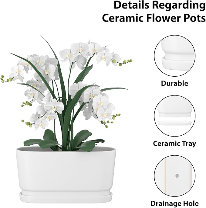 13" Rectangular Ceramic Planter with Drainage and Saucer, White | Indoor Outdoor Use, 13"L x 5.5"W x 6.3"H, Modern Home Decor, Window Box Planter, Matte White