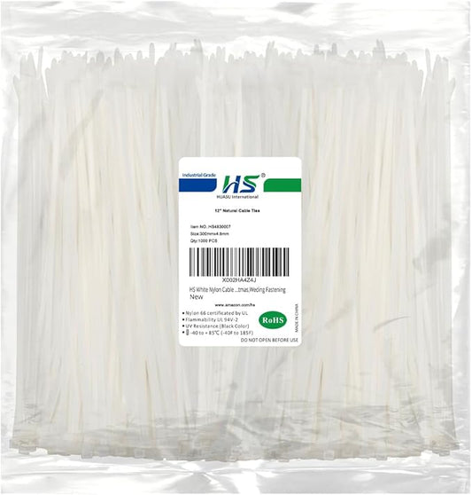 HS White Nylon Cable Ties 12 Inch Zip Ties (1000 Pack) 50 LBS Heavy Duty Clear Zip Ties 12in Plastic Ties Straps for Electrical,Christmas,Weding Fastening