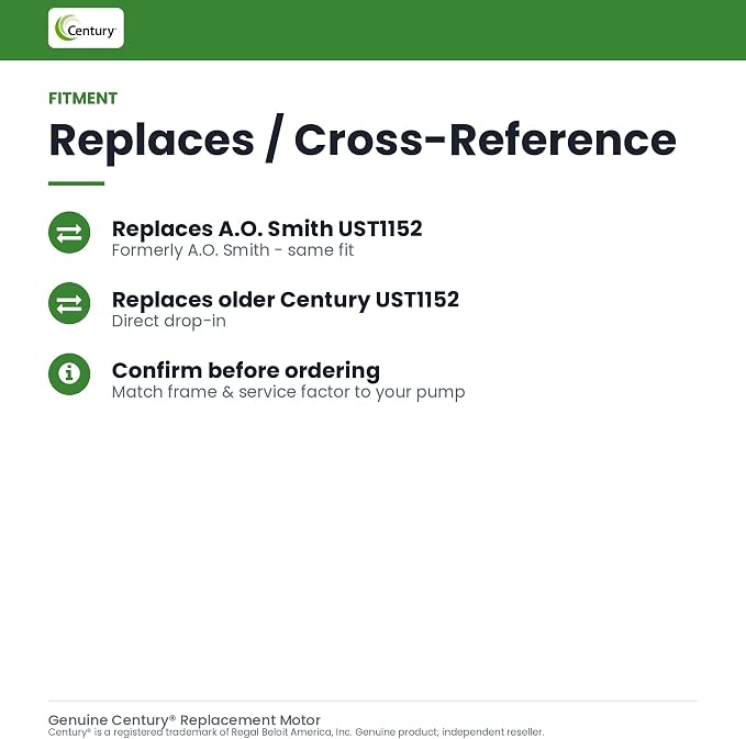 Century Electric UST1152 1 1/2-Horsepower Up-Rated Round Flange Replacement Motor (Formerly A.O. Smith) | 1.5 HP up-rated round flange replacement motor by Century, formerly sold under the AO Smith brand
