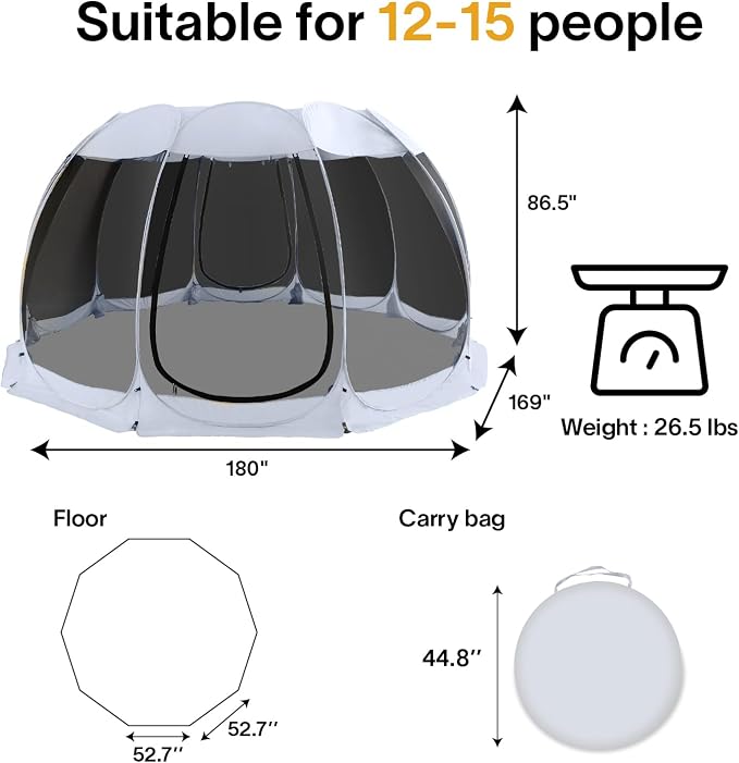 Alvantor Pop Up Screen House Tent, Instant Outdoor Gazebo with Mosquito Netting & UPF 50+ Sun Protection, Portable Canopy Shelter for Patio, Backyard, Camping (2-10 Person)