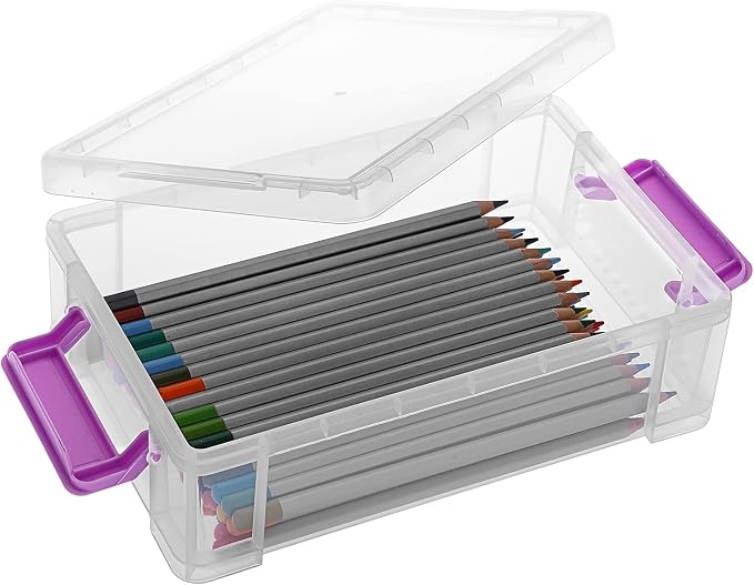 BTSKY 4 Pack Extra Large Plastic Pencil Box Stackable Translucent Clear Pencil Caase Crayon Box Set, Marker Organizer Art Supply Storage Organizer for Gel Pens Pencils Erasers Tape Markers etc(Purple)