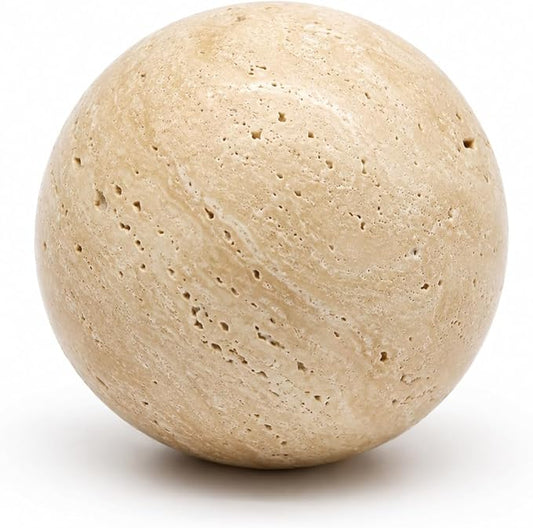 Natural Travertine Decorative Sphere, 3.94 Inch Stone Ball Decor, Hand-Polished Beige Orb Accent for Coffee Table, Shelf, Dresser and Living Room