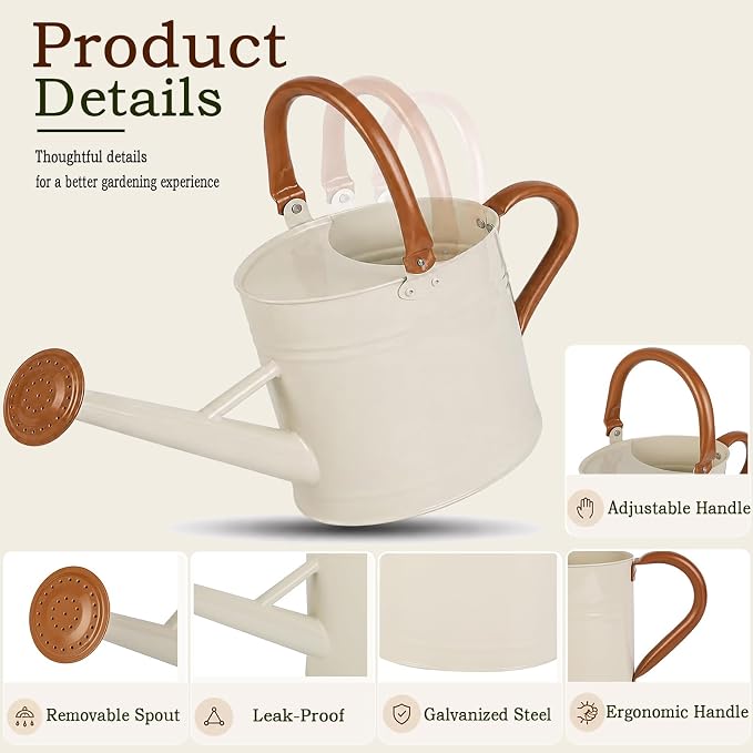 Metal Watering Can for Plants,Watering Cans for Outdoor&Indoor Gardening, Galvanized Steel Water Can with Removable Spout,Watering Pot with Ergonomic Movable Handle (Cream White)