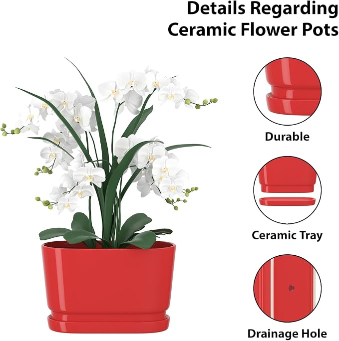 13" Rectangular Ceramic Planter with Drainage and Saucer, Red | Indoor Outdoor Use, 13"L x 5.5"W x 6.3"H, Modern Home Decor, Window Box Planter, Red Glossy Finish