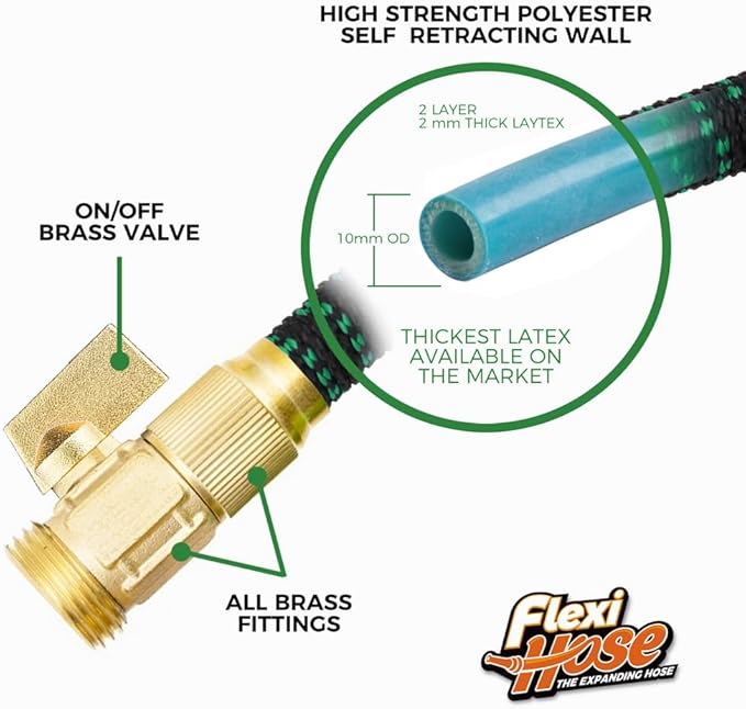 Flexi Hose with 8 Function Nozzle, 25FT - Lightweight Expandable Garden Hose, No-Kink Flexibility, 3/4 Inch Solid Brass Fittings and Double Latex Core - Black and Green