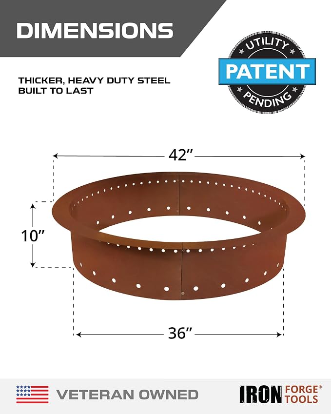 Iron Forge Tools Smokeless Outdoor Fire Pit Ring Insert 42 Inch Round | heavy duty corten steel, permanent fire pit rings, backyard bonfire, smokeless firepit, 36 inch inner ring, pit liner insert