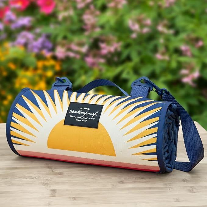 Weatherproof Vintage Waterproof Outdoor Blanket- Blue and Yellow Roll Up Throw Blanket with Handle, Velcro Closure - Camping Supplies, Travel Blanket for Beach, Picnic & Events, 60"x72" (Big Sun)