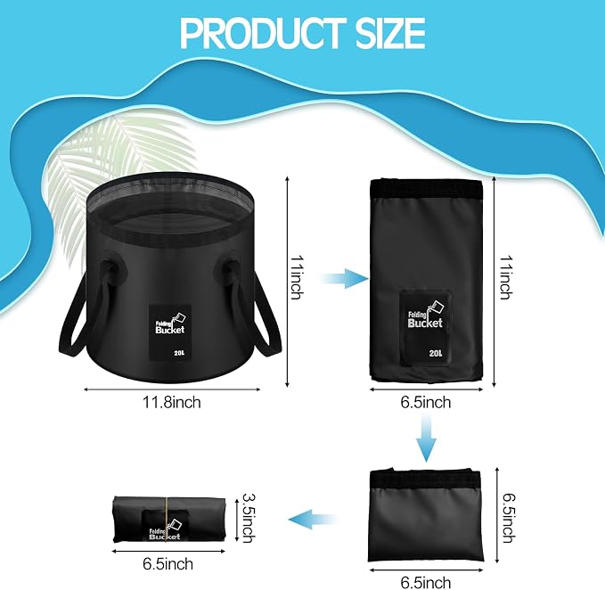 3 Pack 5 Gallon Collapsible Bucket, Foldable Water Bucket with Handles, Portable Camping Buckets for Fishing, Hiking, Cleaning, Outdoor & Travel Use (Black)