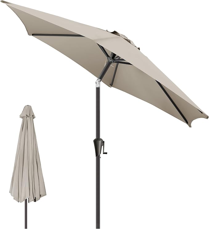 10FT Patio Umbrella Outdoor - Table Umbrella with 6 Sturdy Ribs, Market Umbrella with Push Button Tilt, UV Protection for Pool, Porch, Garden, Deck, Backyard (Taupe)