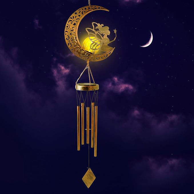 Solar Wind Chimes Moon Fairy Hanging Outdoor Decor Crackle Glass Ball Warm Memorial Wind Chimes Light Patio Lawn Yard Gardening Gift for mom for Grandma Gifts Christmas Decorations