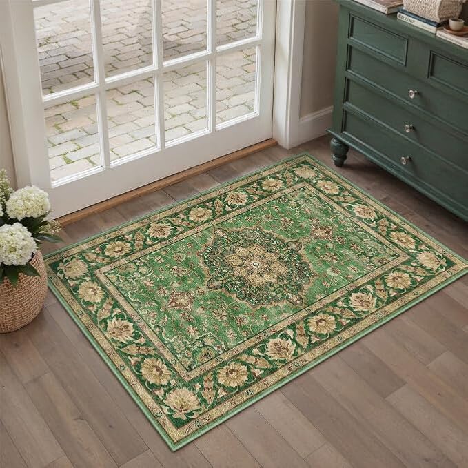 Green Area Rug 2x3 Entryway Vintage Floral Non-Slip Door Mat | Machine Washable, Soft, Low Pile, Distressed, for Kitchen, Hallway, Bathroom, Retro Farmhouse Decor