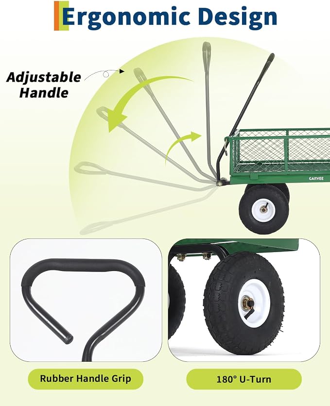 Garvee Versatile Outdoor Utility Cart - 400LBS Heavy-Duty, 10" All-Terrain Pneumatic Tires, Easy Maneuverable Lawn Cart with Removable Mesh Panels for Gardening & Landscaping, Green