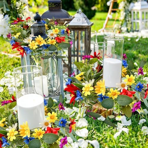 6 PCS Spring Summer Artificial Floral Candle Rings Wreath Sunflowers Daisy Forsythia Candle Rings Pillar Holder Wreath Mini Eucalyptus Candle Wreaths Kitchen Cabinet Swags for Home Tabletop Decor - Image 5