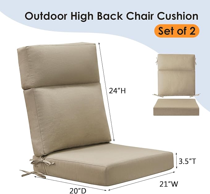 Unimatta Outdoor Separate High Back Chair Cushion Seat Pads, 2-Pack 44 x 21 Inch Water-Repellent & Fade-Resistant Patio Furniture Cushions with Ties for Adirondack, Rocking Chairs, Tan