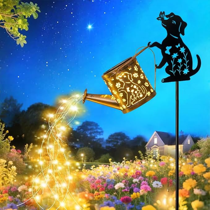 Outdoor Dog Statue Solar Watering Can with Lights, Complete with Netal Dog Silhouette Garden Stake. Ldeal for Garden, Lawn and Courtyard Decoration, A Unique Gift for Mothers and Women.
