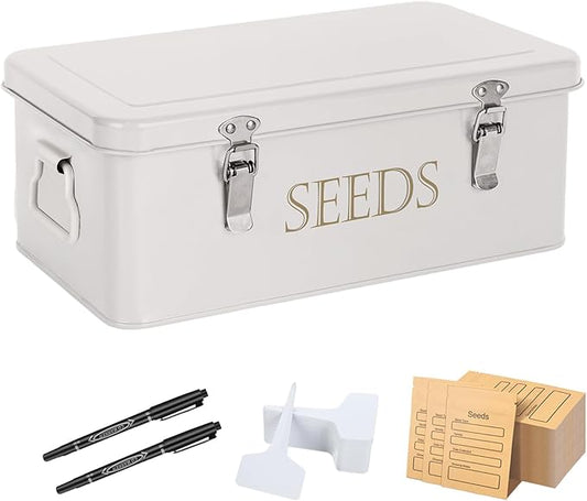 ECOPARK Seed Storage Box, Professional All-in-one Kit with 2 Pens, 20 Plant Labels and 50 Seed Envelopes, Metal Storage Organizer, Saving Box, Seed Packet Container, Large, White